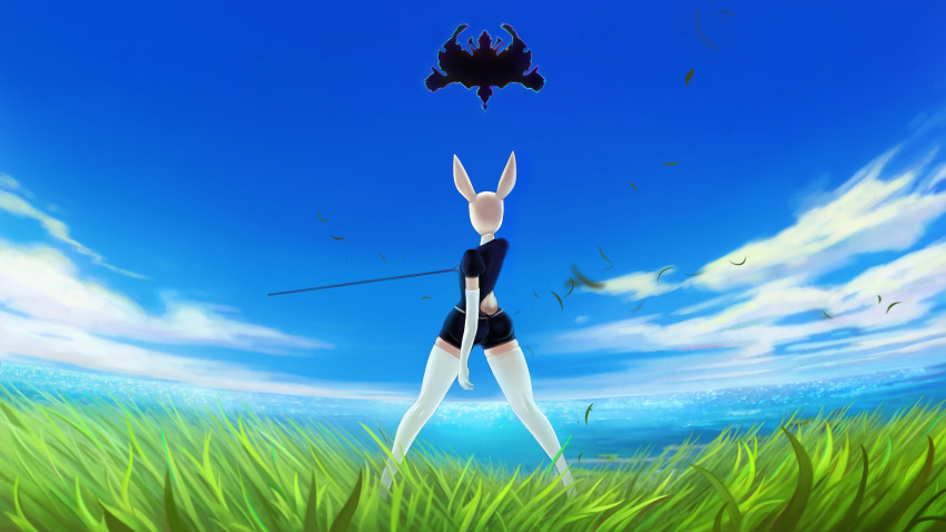 android anthro armwear blue_sky bottomwear bundroid butt clothing cloud cosplay detailed_background elbow_gloves female fisheye_lens gloves grass handwear hi_res hotpants juliayoon juno_(tabunnie) lagomorph land_of_the_lustrous legwear leporid machine mammal melee_weapon plant pose rabbit rear_view redraw robot scenery sea shorts skindentation sky solo standing stockings sword thigh_highs uniform water weapon wide_fov