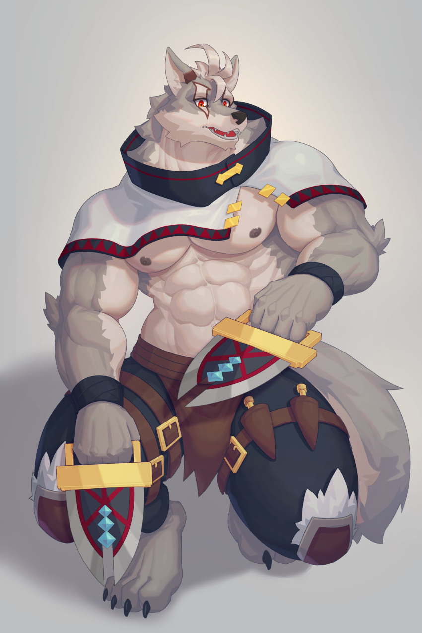 abs absurd_res anthro bandage big_muscles big_pecs bottomwear braided_hair braided_ponytail canid canine canis clothed clothing coat dagger feet fur fur_markings grey_body grey_fur hair hi_res klaus_(world_flipper) kneeling male mammal markings melee_weapon muscular muscular_anthro muscular_male navel nipples open_clothing open_coat open_topwear pants pecs red_eyes ronci solo topwear weapon white_body white_fur white_hair wolf world_flipper wristband