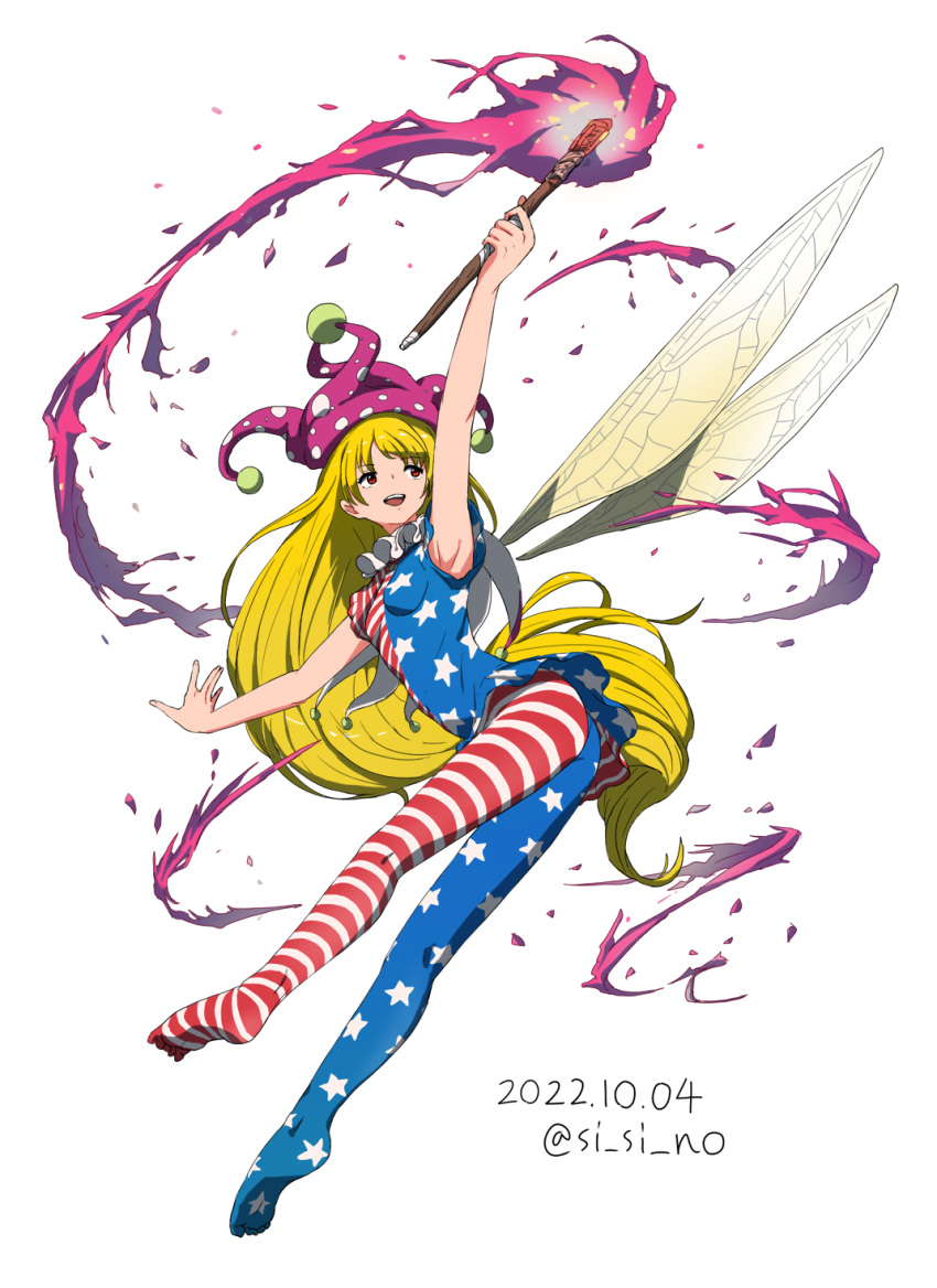 1girl american_flag_dress american_flag_legwear bad_anatomy blonde_hair clownpiece dated dress fairy fairy_wings full_body hat highres holding holding_torch jester_cap long_hair open_mouth pantyhose pink_eyes pink_headwear polka_dot polka_dot_headwear shishi_osamu short_sleeves simple_background smile solo star_(symbol) star_print striped striped_dress striped_pantyhose torch touhou twitter_username white_background wings