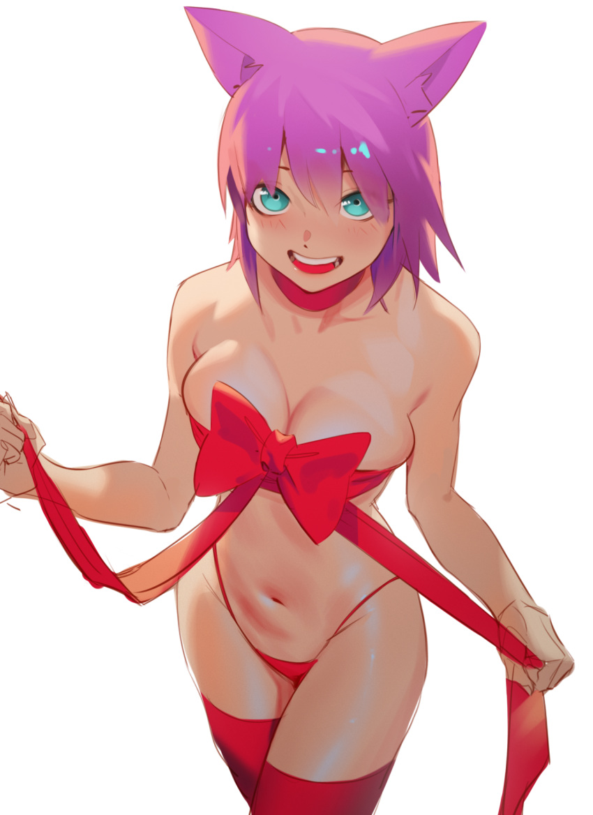 1girl animal_ears aqua_eyes bare_shoulders blush breasts cat_ears choker cleavage cowboy_shot highres looking_at_viewer medium_breasts navel nearly_naked_ribbon open_mouth original pink_hair pokoporoko red_choker red_thighhighs short_hair simple_background smile solo thighhighs white_background