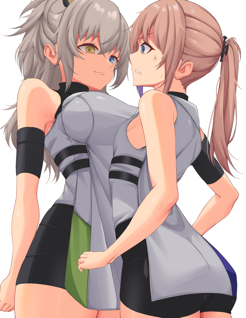 2girls act_(xadachit) arm_behind_back back bangs blue_eyes breasts closed_mouth commission dated_commentary dress english_commentary feet_out_of_frame girls'_frontline girls'_frontline_2:_exilium grey_dress grey_hair grin heterochromia highres large_breasts long_hair looking_at_another multiple_girls open_mouth peritya_(girls'_frontline_2) pink_hair ponytail small_breasts smile st_ar-15_(girls'_frontline) standing tactical_clothes teeth uniform white_background yellow_eyes
