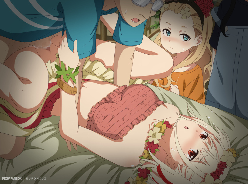 1boy 3girls bandeau bare_shoulders bed black_hairband blonde_hair blue_eyes blue_shirt blush bottomless boy_on_top bracelet breasts censored clothed_sex clothes_lift covered_nipples cum cum_in_pussy eufoniuz flower flower_wreath frilled_bandeau frilled_skirt frills glasses hair_flower hair_ornament hairband head_wreath hetero highres inoue_takina jewelry kurumi_(lycoris_recoil) looking_at_another lycoris_recoil lying m_legs medium_breasts missionary mosaic_censoring multiple_girls navel nishikigi_chisato nose_blush on_back on_bed open_mouth orange_shirt paid_reward_available penis pink_bandeau pussy red_eyes sex shirt skirt skirt_lift spread_legs strap_slip sweat t-shirt tears vaginal white_hair wristband yellow_skirt