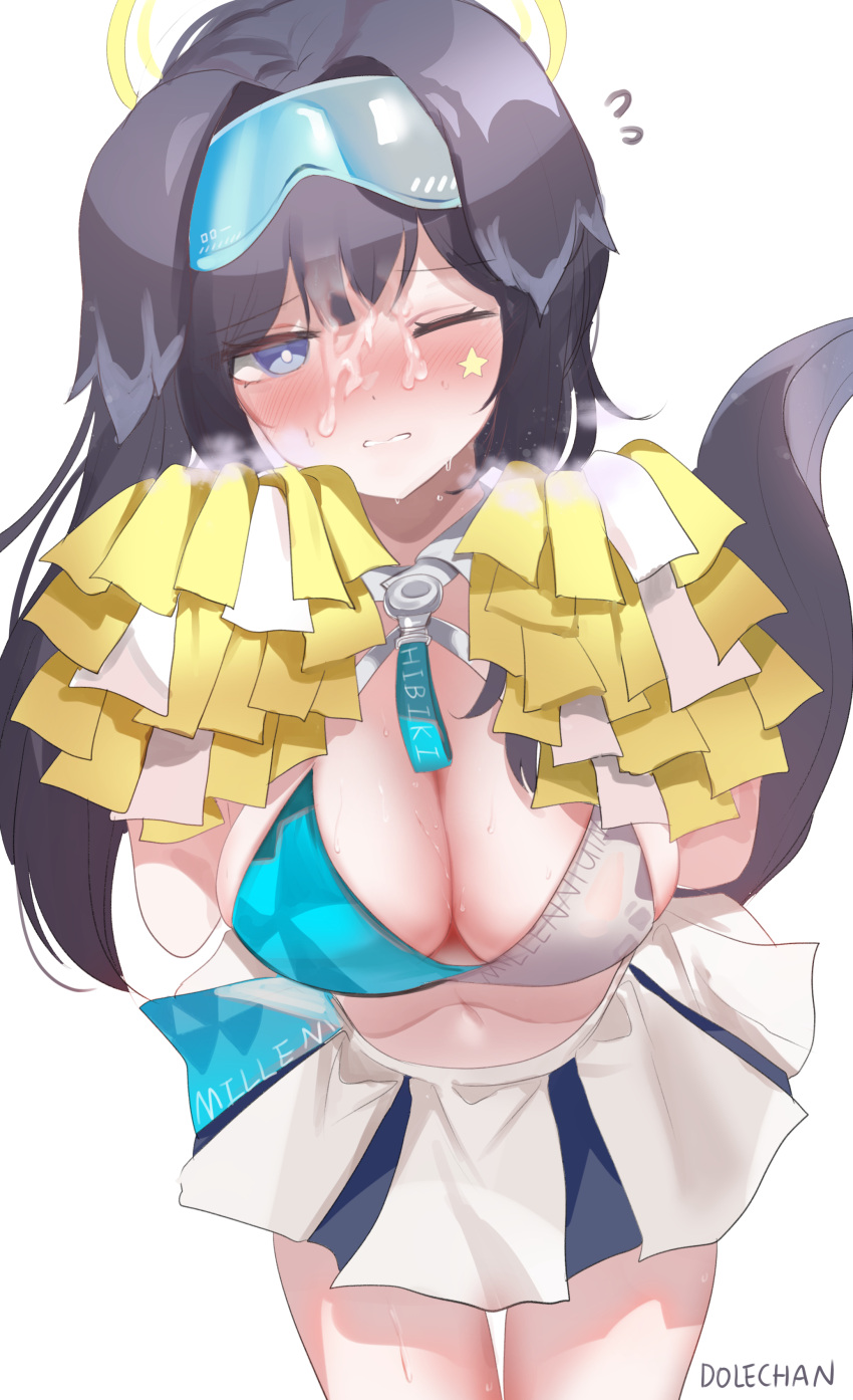 1girl absurdres animal_ears artist_name bare_shoulders black_hair blue_archive blue_eyes blush breasts bright_pupils cheerleader cleavage collarbone cowboy_shot crop_top cum dog_ears dog_girl dolechan facial from_above goggles goggles_on_head halo halterneck hands_up hibiki_(blue_archive) hibiki_(cheerleader)_(blue_archive) highres jitome large_breasts leaning_forward looking_at_viewer midriff one_eye_closed pom_pom_(cheerleading) ponytail simple_background solo steam sweat tail thigh_gap white_background
