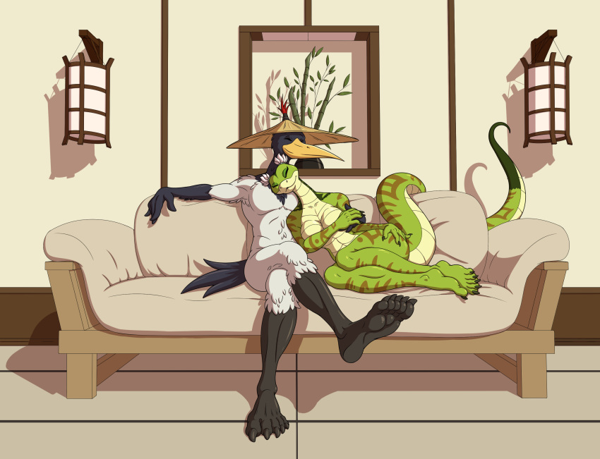 5_toes anthro avian bird crane_(bird) cuddling dentist_(artist) dreamworks duo feet female furniture gruiform happy hi_res humanoid_feet kung_fu_panda male male/female master_crane master_viper nude reptile romantic romantic_couple scalie snake sofa toes