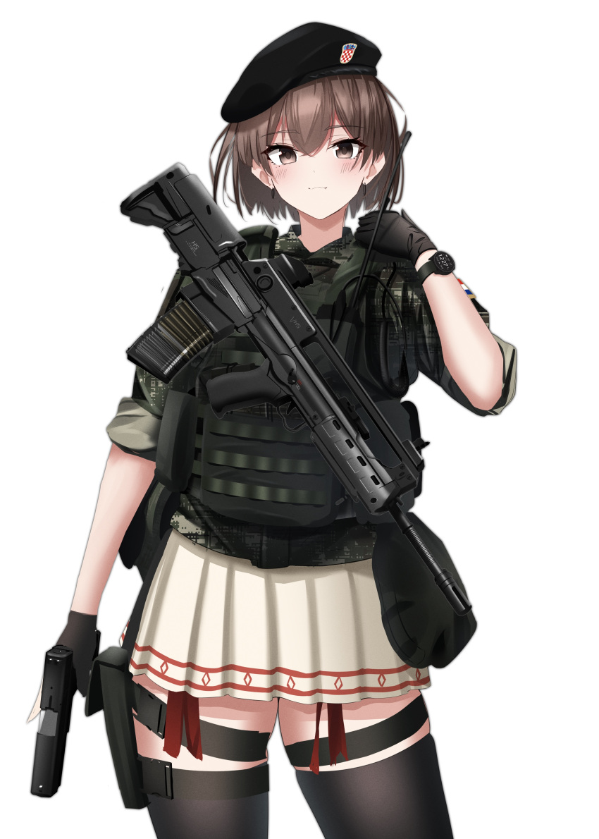 1girl absurdres arm_up assault_rifle bangs beret black_gloves black_headwear black_thighhighs blush body_armor brown_eyes brown_hair camouflage camouflage_shirt closed_mouth croatian_flag earrings feet_out_of_frame gloves gun handgun hat highres holding holding_gun holding_weapon holster hoop_earrings jewelry looking_at_viewer military original rifle rynn_(rynn_cube) shirt short_hair skirt sleeves_rolled_up solo standing tactical_clothes thigh_holster thighhighs thighs vhs-d2 walkie-talkie watch weapon weapon_request white_background white_skirt