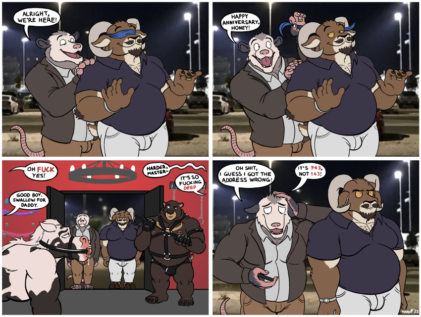 absurd_res anthro ball_gag black_bear blindfold bodily_fluids bovid caprine clothing comic dildo drooling duo english_text equid equine formal_wear gag group harness hi_res horse leather leather_harness male male/male mammal manuel_(nanoff) marsupial mature_male musclegut muscular muscular_male nanoff phalangeriform polo_shirt profanity riding_crop saliva sex_dungeon sex_toy shirt slightly_chubby text topwear ursid ursine whip