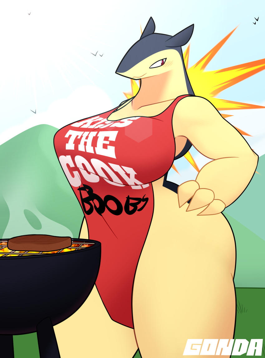 absurd_res anthro big_breasts blush breasts clothed clothing cooking_tongs female fire food fur generation_2_pokemon gonda grill grilling hi_res kitchen_utensils mature_female meat nintendo pokemon pokemon_(species) pose simple_background solo thick_thighs tongs tools typhlosion video_games yellow_body yellow_fur