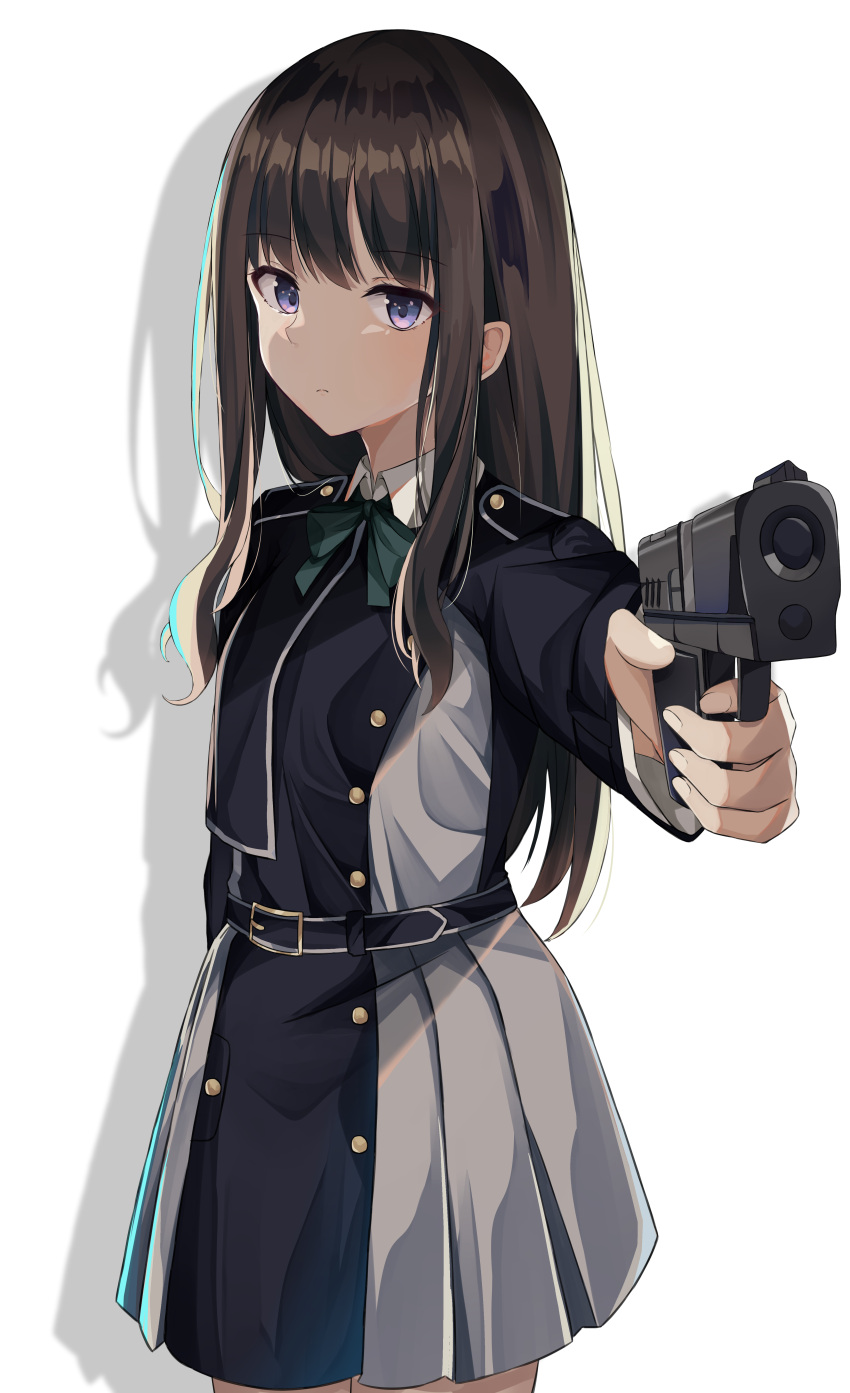 1girl absurdres bangs black_dress black_hair bow closed_mouth commentary dress drop_shadow green_bow grey_dress gun handgun highres holding holding_gun holding_weapon inoue_takina long_hair long_sleeves looking_at_viewer lycoris_recoil lycoris_uniform norazura pleated_dress purple_eyes simple_background solo two-tone_dress very_long_hair weapon white_background