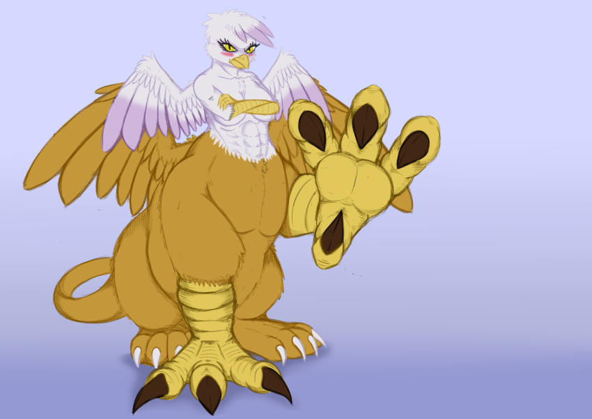 4_toes abs absurd_res avian avian_taur beak bird_feet blue_background blush breasts brown_body brown_feathers claws crossed_arms digital_media_(artwork) exelzior eyelashes feathered_wings feathers feet female friendship_is_magic gilda_(mlp) gryphon gryphon_taur hasbro hi_res looking_at_viewer multi_wing muscular muscular_female my_little_pony mythological_avian mythology simple_background sitting solo taur toe_claws toes white_body white_feathers wings yellow_eyes