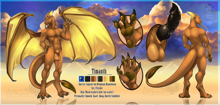 2019 3_toes 5_fingers animal_genitalia anthro balls black_penis brown_body brown_pawpads brown_skin butt dragon english_text feet fingers genitals huge_wings humanoid_hands knot looking_at_viewer male model_sheet pawpads penis ridged_penis scalie sheath solo spade_tail text timanth toes western_dragon whiskers