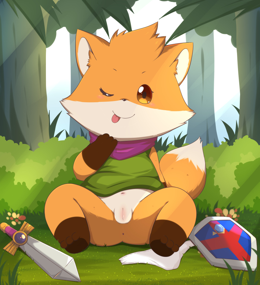 absurd_res anonymous_artist anthro anus bottomless canid canine clothed clothing female forest forest_background fox genitals hi_res looking_at_viewer mammal melee_weapon nature nature_background one_eye_closed panties plant pussy shield sitting smile solo sword tree tunic tunic_(video_game) underwear weapon wink winking_at_viewer
