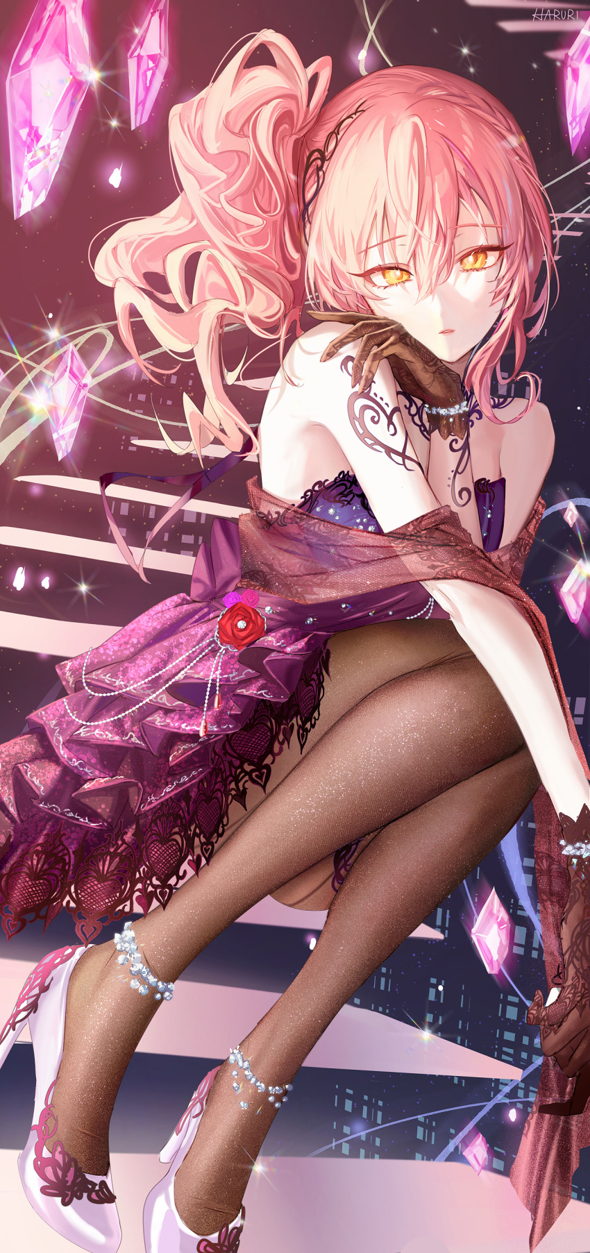 1girl :o absurdres arm_tattoo black_gloves black_pantyhose dress floating_stairs gem glint gloves hair_between_eyes haruri highres idolmaster idolmaster_cinderella_girls jougasaki_mika pantyhose pink_hair purple_dress see-through_shawl shawl side_ponytail sitting solo strapless strapless_dress tattoo wavy_hair