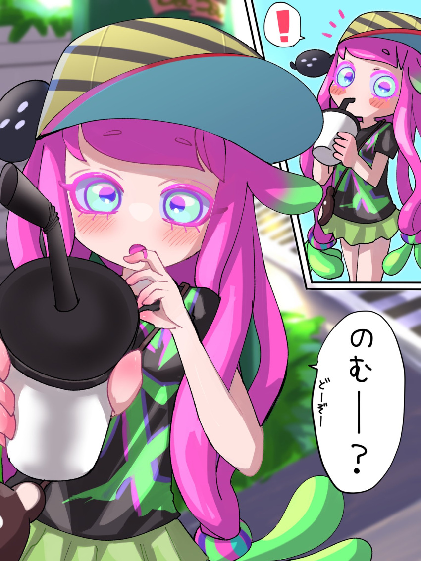 1girl 1other baseball_cap bendy_straw black_shirt blue_eyes blush clownfish commentary_request cup drinking drinking_straw drooling gradient_hair green_hair green_skirt harmony's_clownfish_(splatoon) harmony_(splatoon) hat highres long_hair looking_at_viewer low-tied_long_hair miniskirt multicolored_hair open_mouth outstretched_arm pink_hair shirt short_sleeves skirt splatoon_(series) splatoon_3 striped striped_headwear t-shirt tama_nya tentacle_hair translation_request two-tone_hair