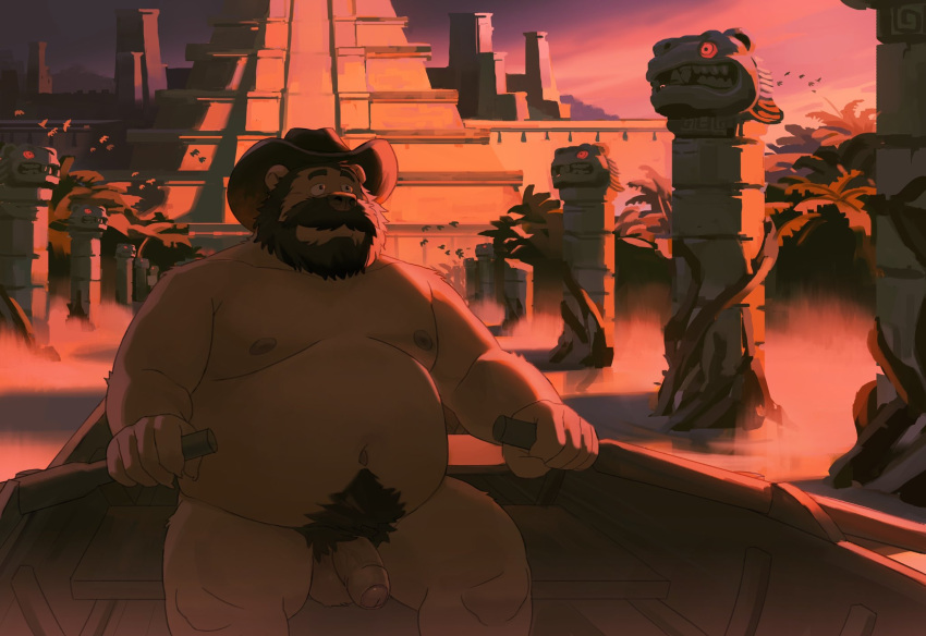 2022 anthro balls beard belly big_belly clothing detailed_background facial_hair flaccid genitals hat headgear headwear hi_res humanoid_genitalia humanoid_hands humanoid_penis huynhduyad14 kemono male mammal mature_male mustache outside overweight overweight_male penis pyramid sitting solo ursid