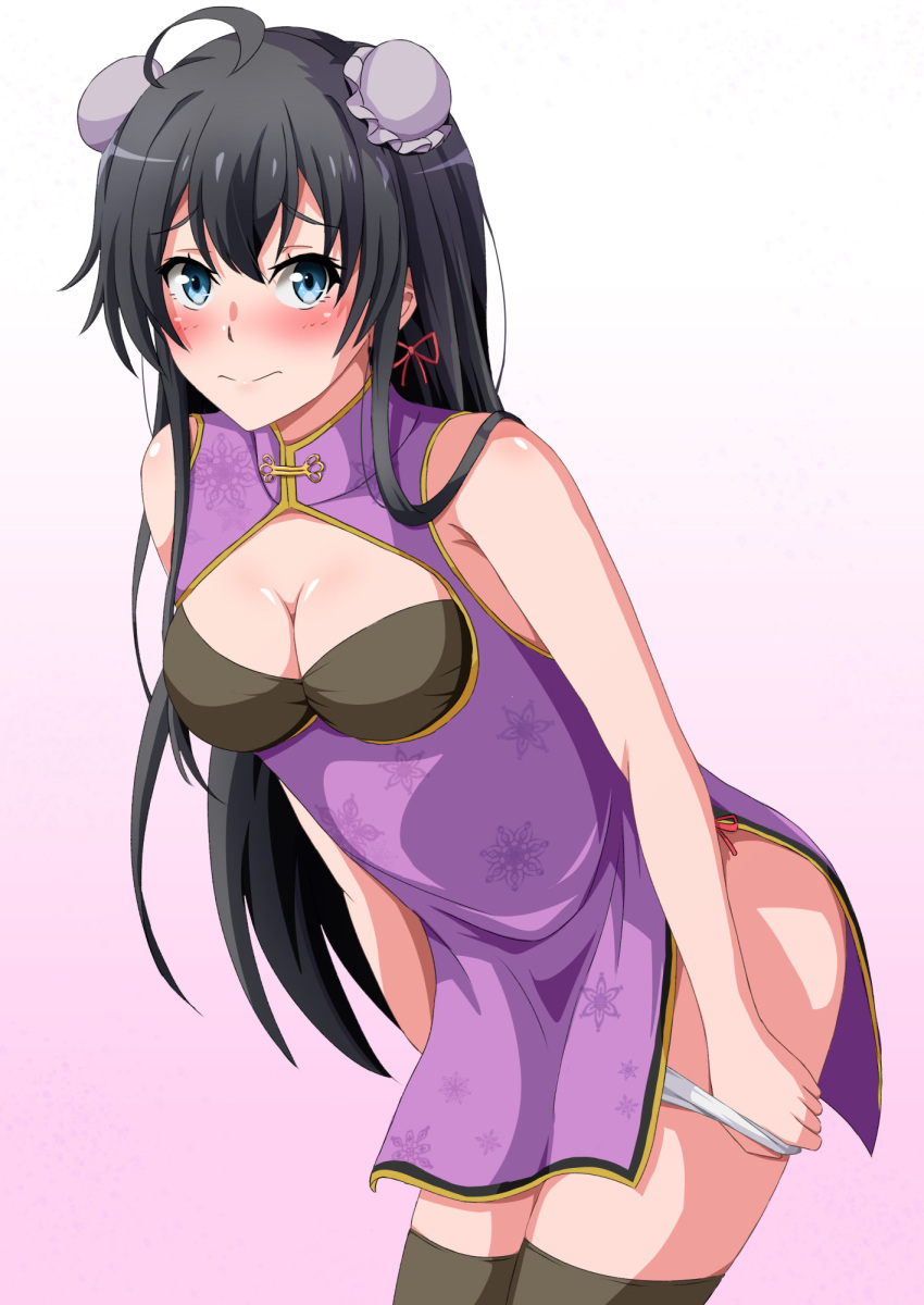 1girl ahoge bare_shoulders biting black_hair black_thighhighs blue_eyes blush breasts bun_cover china_dress chinese_clothes cleavage cleavage_cutout closed_mouth clothing_cutout cowboy_shot double_bun dress gradient gradient_background hair_bun hair_ribbon highres konoyan leaning_forward lip_biting long_hair looking_at_viewer medium_breasts panties panty_pull pulled_by_self purple_background purple_dress red_ribbon ribbon short_dress sleeveless sleeveless_dress solo thighhighs thighs underwear white_background yahari_ore_no_seishun_lovecome_wa_machigatteiru. yukinoshita_yukino