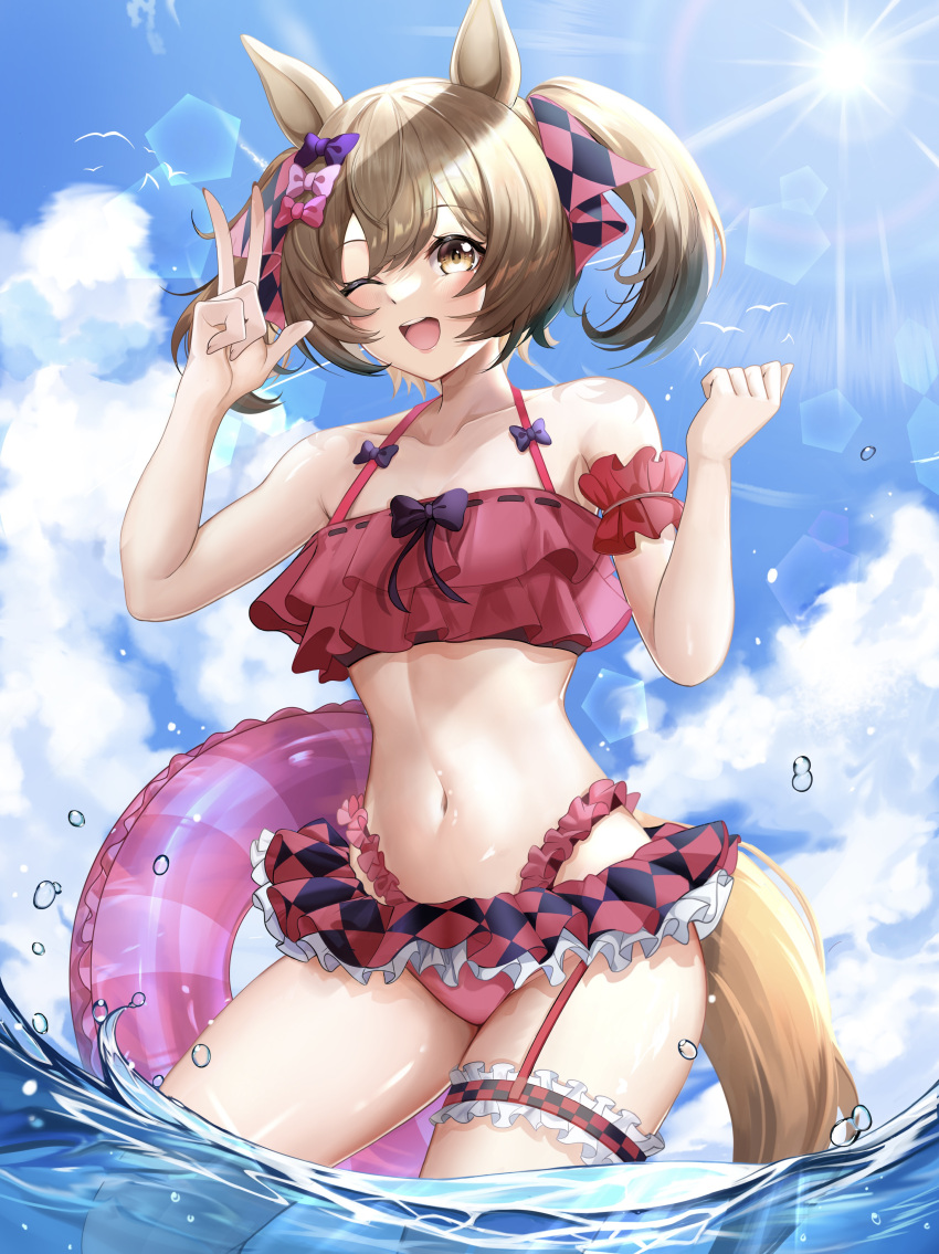 1girl ;d absurdres bikini bird blue_sky bow brown_eyes brown_hair checkered_ribbon cloud day frilled_bikini frills hair_bow hair_ribbon highres horse_girl horse_tail innertube looking_at_viewer ocean one_eye_closed outdoors partially_submerged pink_bow purple_bow red_bikini red_bow red_ribbon ribbon ryuryu_mt short_hair sky smart_falcon_(umamusume) smile solo sun swimsuit tail twintails umamusume v