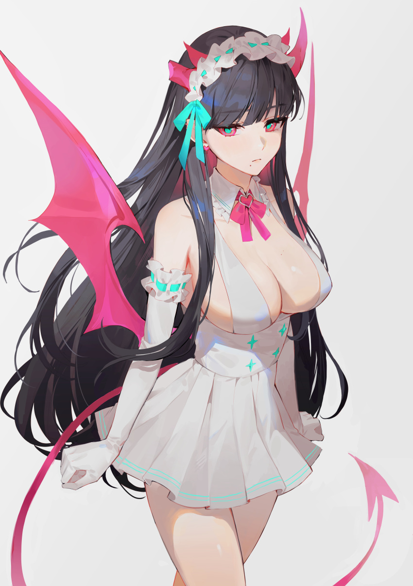 1girl absurdres bangs bare_shoulders black_hair blunt_bangs breasts cleavage closed_mouth colored_sclera commentary demon_horns demon_tail detached_collar dress elbow_gloves frilled_gloves frills gloves green_eyes headdress highres horns long_hair looking_at_viewer mole mole_under_mouth neck_ribbon original pink_horns pink_ribbon pink_wings red_sclera revision ribbon short_dress sidelocks simple_background solo standing symbol-only_commentary tail white_background white_dress white_gloves wings yoru_(0_0yoru)