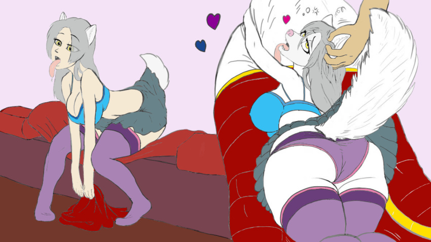 &lt;3 2018 2022 anthro bed bench bendzz big_breasts bodily_fluids bottomwear breasts canid canine canis cleavage clothed clothing colored digital_media_(artwork) drooling female fur furniture grey_hair gynomorph hair head_scratch hi_res humanoid intersex keidran leggings legwear long_hair looking_back mammal naomitf on_bed on_bench pink_nose raine_silverlock saliva silver_hair skimpy skirt solo thick_thighs tongue tongue_out touching_hair twokinds webcomic webcomic_character were werecanid werecanine werewolf white_body white_fur white_tail wolf