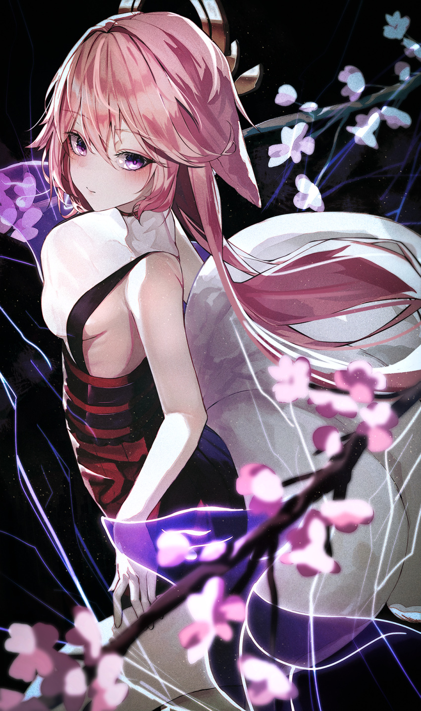 1girl animal_ears bangs bare_arms black_background blush branch breasts cherry_blossoms closed_mouth floppy_ears fox_ears from_side genshin_impact hair_between_eyes highres japanese_clothes long_hair looking_at_viewer medium_breasts merryj pink_hair purple_eyes red_skirt shirt sideboob sidelocks skirt sleeveless sleeveless_shirt solo white_shirt yae_miko