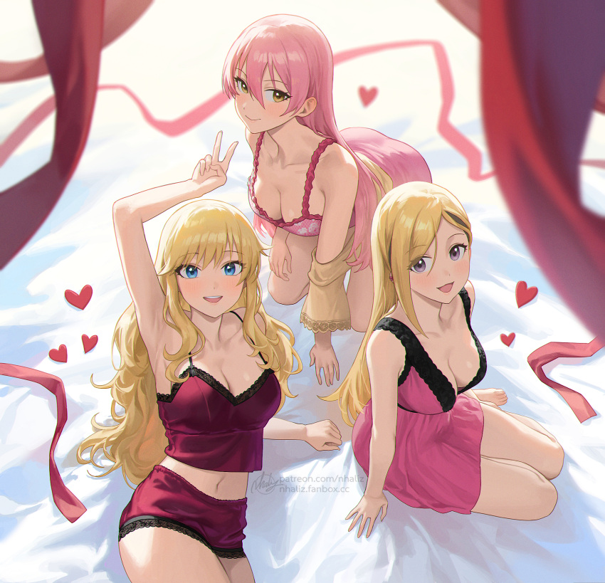 3girls :d bangs bare_arms blonde_hair blue_eyes blush breasts from_above fujimoto_rina heart highres idolmaster idolmaster_cinderella_girls idolmaster_cinderella_girls_starlight_stage jougasaki_mika long_hair looking_at_viewer medium_breasts midriff multiple_girls nhaliz ohtsuki_yui on_bed pink_hair purple_eyes sidelocks smile thighs v yellow_eyes