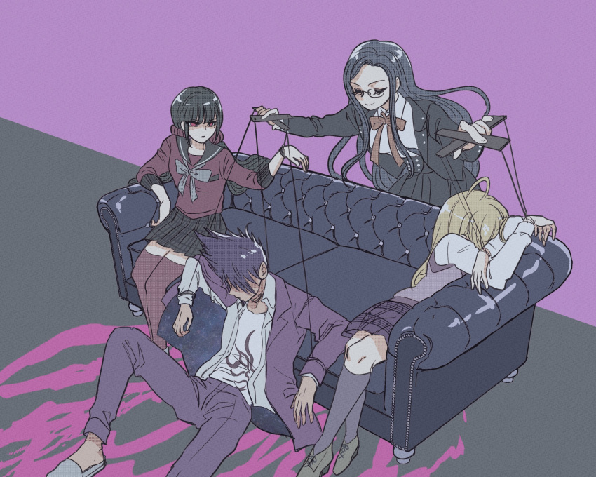 1boy 3girls ahoge akamatsu_kaede bangs black_hair black_jacket blonde_hair blood blunt_bangs bow bowtie breast_pocket breasts brown_hair couch danganronpa_(series) danganronpa_v3:_killing_harmony facial_hair glasses goatee hair_ornament hair_scrunchie harukawa_maki highres holding jacket large_breasts long_hair long_sleeves low_twintails male_focus midori_(310ri_21) mole mole_under_eye momota_kaito multiple_girls musical_note musical_note_hair_ornament open_clothes pants pink_blood pink_vest pleated_skirt pocket print_shirt red_eyes red_scrunchie red_shirt ribbon sailor_collar school_uniform scrunchie shirogane_tsumugi shirt short_hair sitting skirt smile spiked_hair spoilers string sweater_vest twintails vest white_shirt