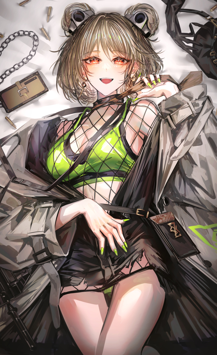 1girl absurdres akqne bangs blush bodystocking bra breasts brown_choker brown_dress brown_necktie choker coat commission crossed_legs double_bun dress earrings feet_out_of_frame fishnets girls'_frontline green_bra green_nails green_panties green_sports_bra grey_coat hair_bun hair_ornament hairclip hand_on_own_stomach highres holding_necktie jewelry light_brown_hair looking_at_viewer lying medium_breasts nail_polish necktie official_alternate_costume on_back open_clothes open_coat open_dress open_mouth p90_(girls'_frontline) p90_(the_girl_from_b.e.l)_(girls'_frontline) panties red_eyes short_hair skeb_commission smile solo sports_bra teeth underwear upper_teeth