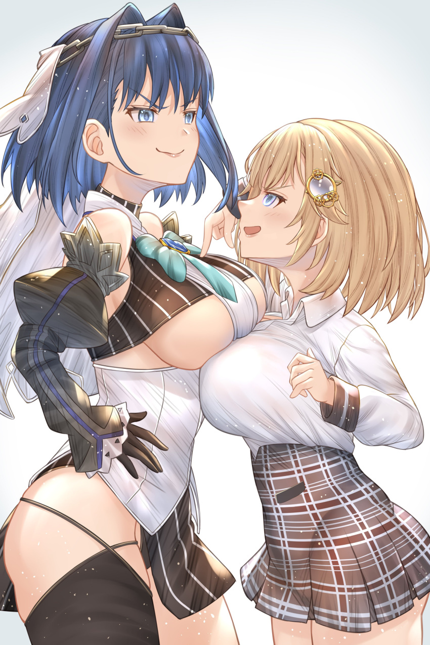 2girls absurdres asymmetrical_docking bangs black_gloves blonde_hair blue_eyes blue_hair blue_ribbon blush bow breast_press breasts chain detached_sleeves gloves hair_intakes hair_ornament headband height_difference highres hololive hololive_english honkivampy large_breasts monocle_hair_ornament multicolored_hair multiple_girls open_mouth ouro_kronii plaid plaid_skirt ribbon shirt short_hair single_thighhigh skirt sleeveless sleeveless_shirt smile thighhighs underboob veil virtual_youtuber watson_amelia white_background