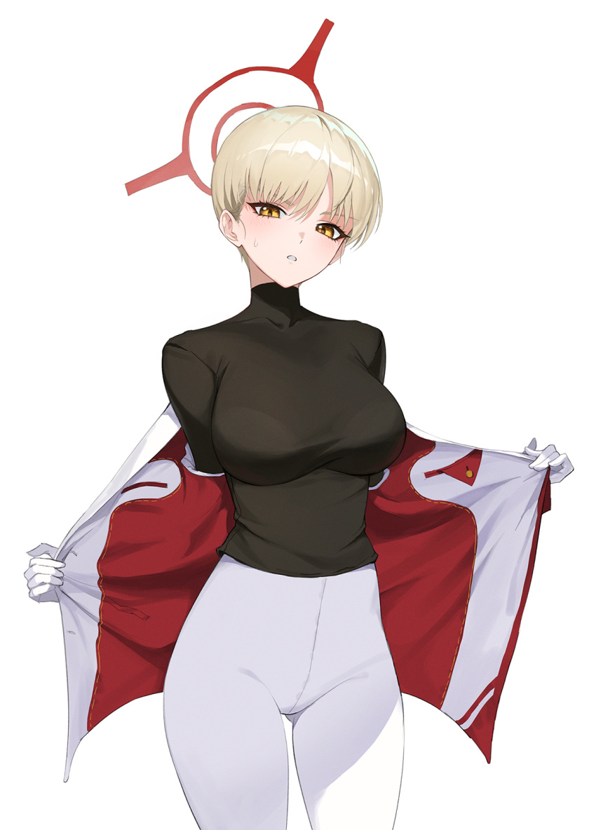1girl bangs black_shirt blonde_hair blue_archive breasts gloves halo highres jacket jason_kim large_breasts looking_at_viewer marina_(blue_archive) off_shoulder open_clothes open_jacket pants parted_lips shirt short_hair simple_background solo sweat turtleneck white_background white_gloves white_pants yellow_eyes