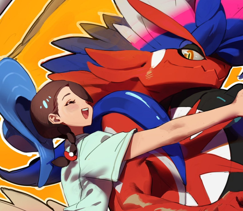 1girl :d braid brown_hair closed_eyes commentary_request eyelashes givemeyourtmi happy highres juliana_(pokemon) koraidon korean_commentary open_mouth pokemon pokemon_(creature) pokemon_(game) pokemon_sv shirt short_sleeves smile teeth tongue upper_teeth