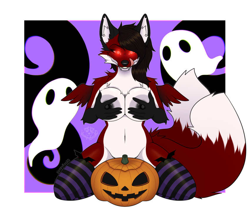 2_tails anthro black_hair breasts canid canine chibi_wings female fox fur hair hi_res holding_breast jack-o'-lantern looking_at_viewer mammal multi_tail red_body red_eyes red_fur solo tongue tongue_out vampire vampybooxo