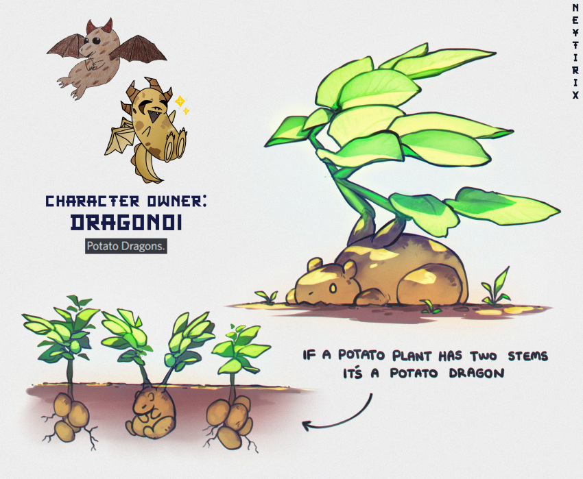 absurdres borrowed_character dragon english_commentary english_text food grey_background highres horns neytirix no_humans original plant potato simple_background wings