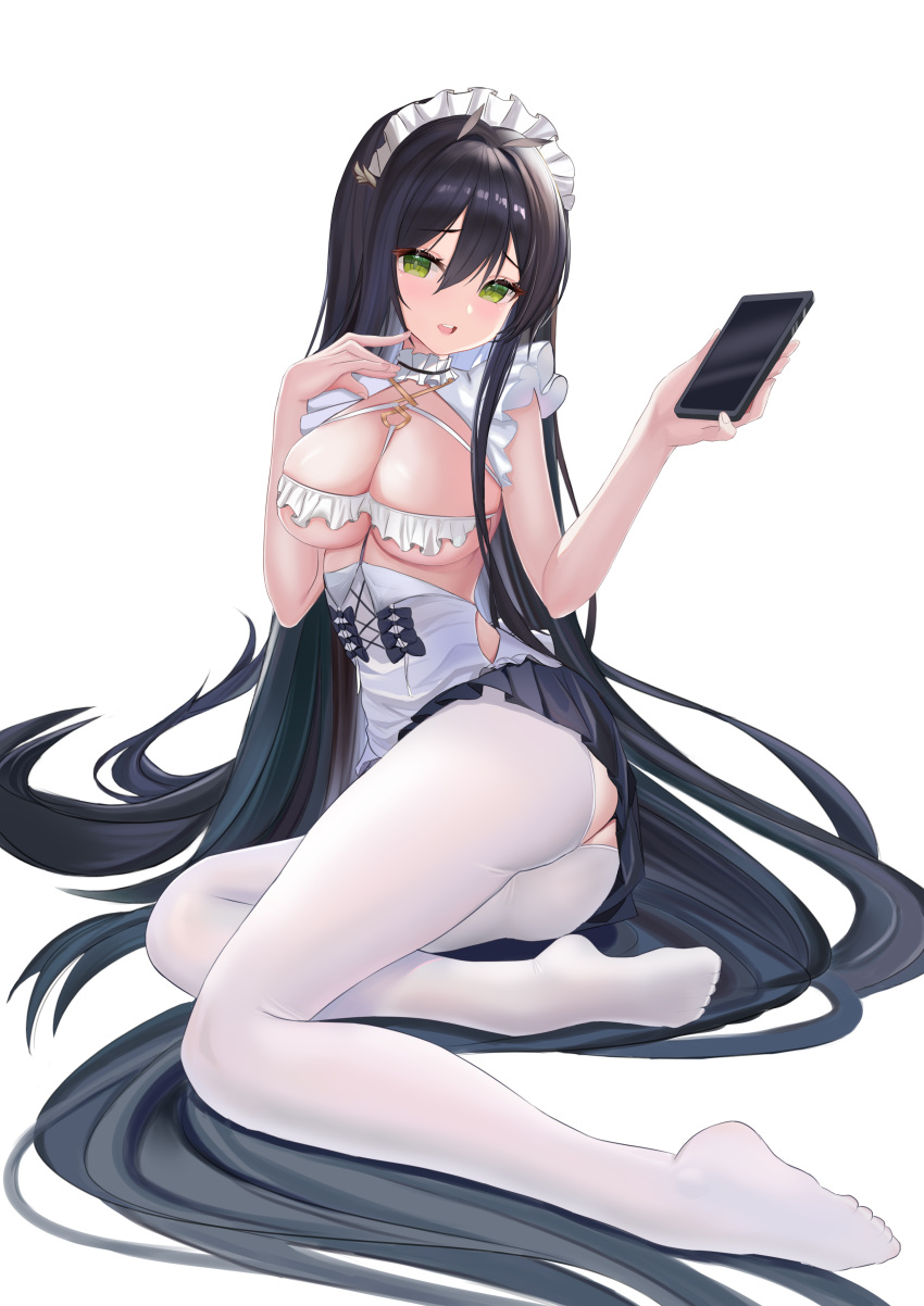 1girl absurdly_long_hair absurdres ass_cutout azur_lane black_hair black_skirt breasts cellphone choker clothing_cutout crotchless crotchless_pantyhose frilled_choker frills fuying_sanbing green_eyes highres holding holding_phone indomitable_(azur_lane) indomitable_(ms._motivationless_maid)_(azur_lane) large_breasts long_hair maid maid_headdress miniskirt official_alternate_costume pantyhose phone pleated_skirt simple_background skirt smartphone solo very_long_hair white_background white_pantyhose