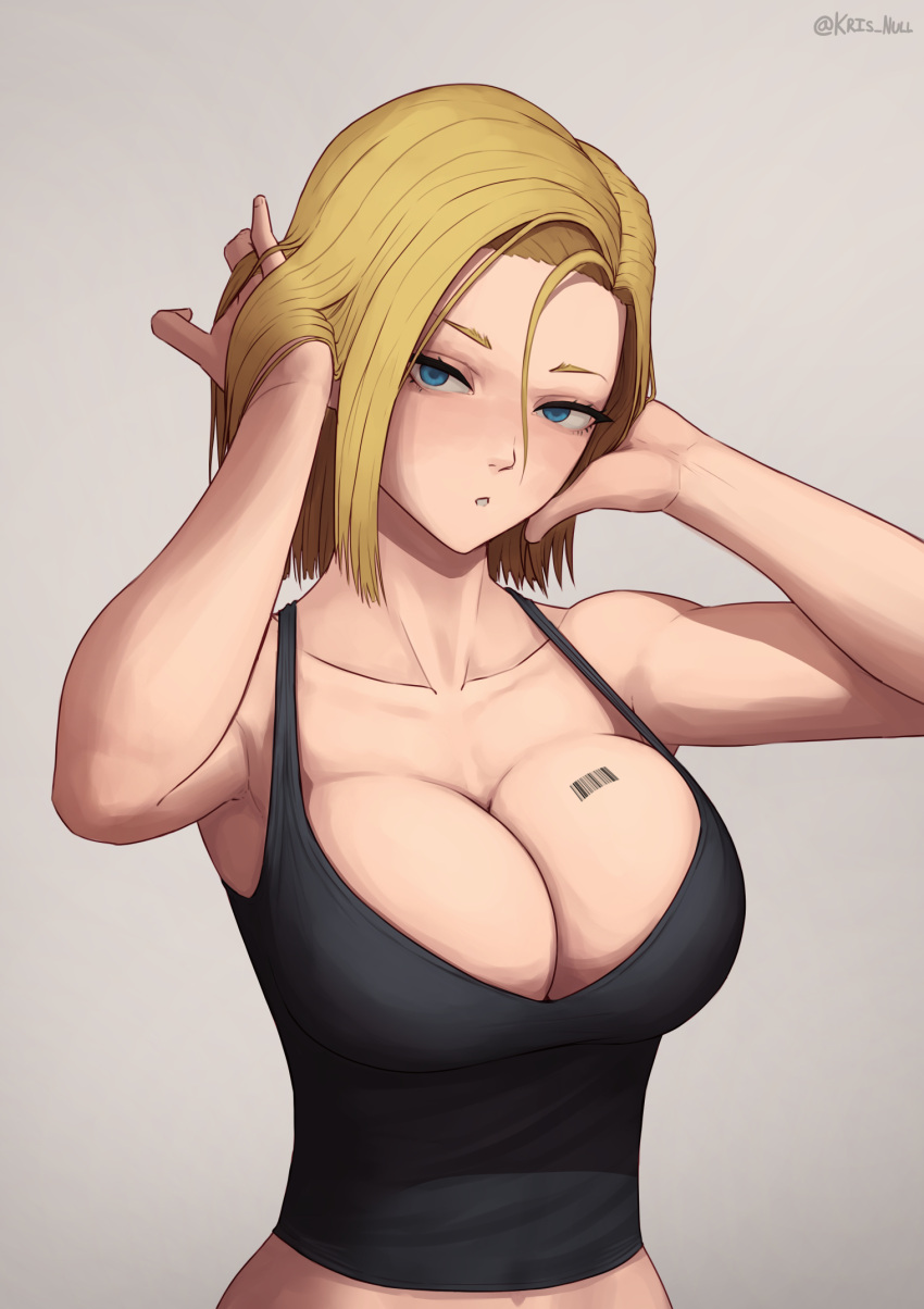 1girl android_18 arms_up barcode barcode_tattoo black_tank_top blue_eyes bob_cut breast_tattoo breasts cleavage collarbone crop_top dragon_ball dragon_ball_z greyscale hands_in_hair highres kris_null large_breasts looking_at_viewer monochrome parted_lips short_hair simple_background solo strap_gap tank_top tattoo upper_body
