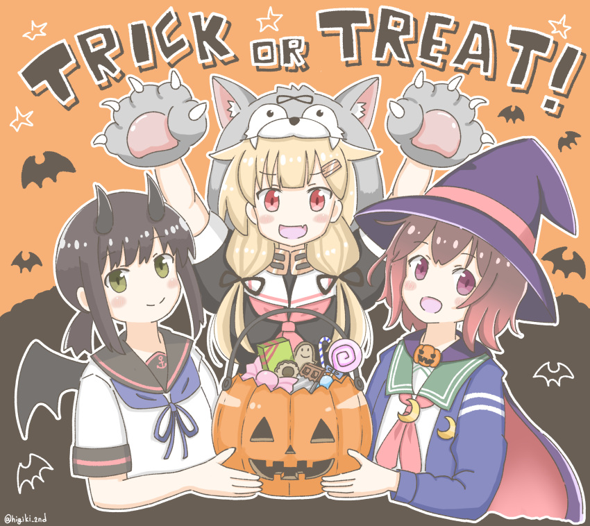 3girls alternate_costume animal_hands bat_(animal) bat_wings black_hair black_sailor_collar black_serafuku black_wings blonde_hair blue_jacket blue_neckerchief brown_hair cape commentary_request crescent crescent_pin demon_horns demon_wings fang fubuki_(kancolle) fubuki_kai_ni_(kancolle) gloves gradient_hair green_eyes green_sailor_collar hair_flaps hair_ornament hairclip halloween halloween_costume hat highres hijiki_(higiki_2nd) horns jack-o'-lantern jacket kantai_collection long_hair looking_at_viewer low_ponytail multicolored_hair multiple_girls mutsuki_(kancolle) mutsuki_kai_ni_(kancolle) neckerchief official_alternate_costume paw_gloves ponytail purple_cape purple_headwear red_eyes red_hair red_neckerchief sailor_collar school_uniform serafuku short_hair short_ponytail sidelocks skin_fang trick_or_treat white_sailor_collar wings witch_hat wolf_hood yuudachi_(kancolle) yuudachi_kai_ni_(kancolle)