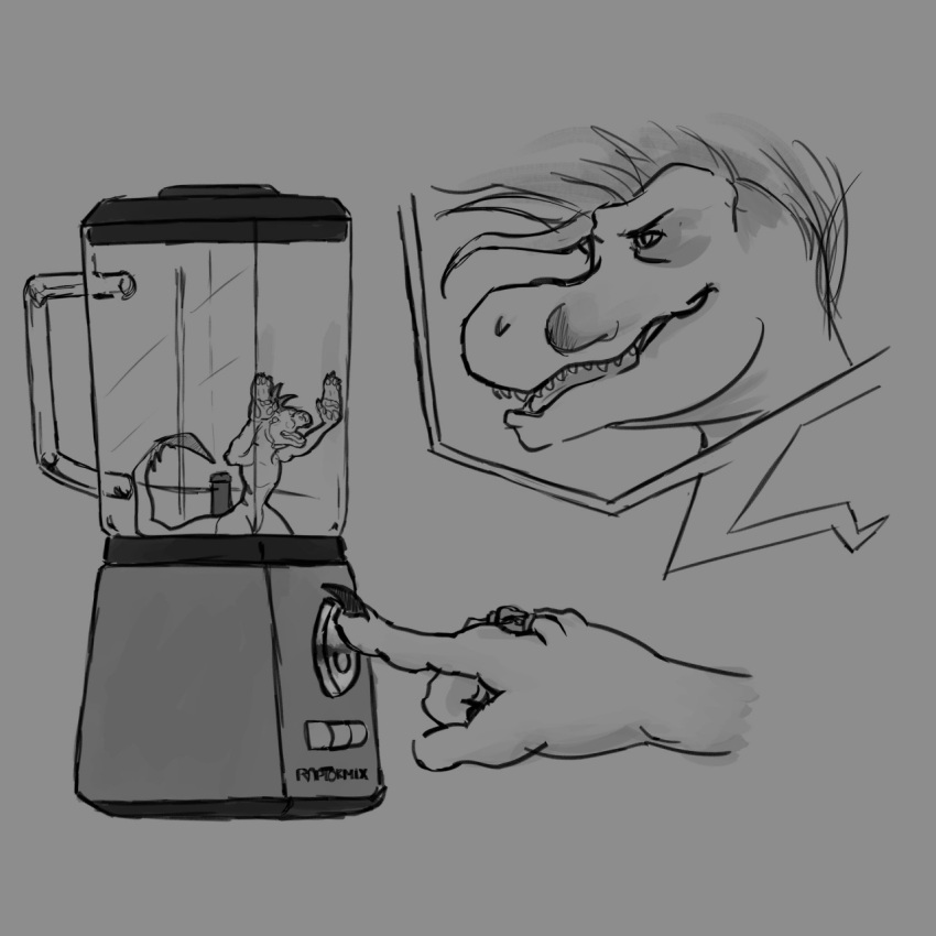 1:1 2018 ahastar anonymous_artist anthro appliance blender_(machine) deinonychus dinosaur dromaeosaurid duo female hi_res humanoid_hands imminent_death kitchen_appliance larger_female male micro micro_abuse monochrome nude_male reptile scalie scared size_difference smaller_male tess_(ahastar) theropod