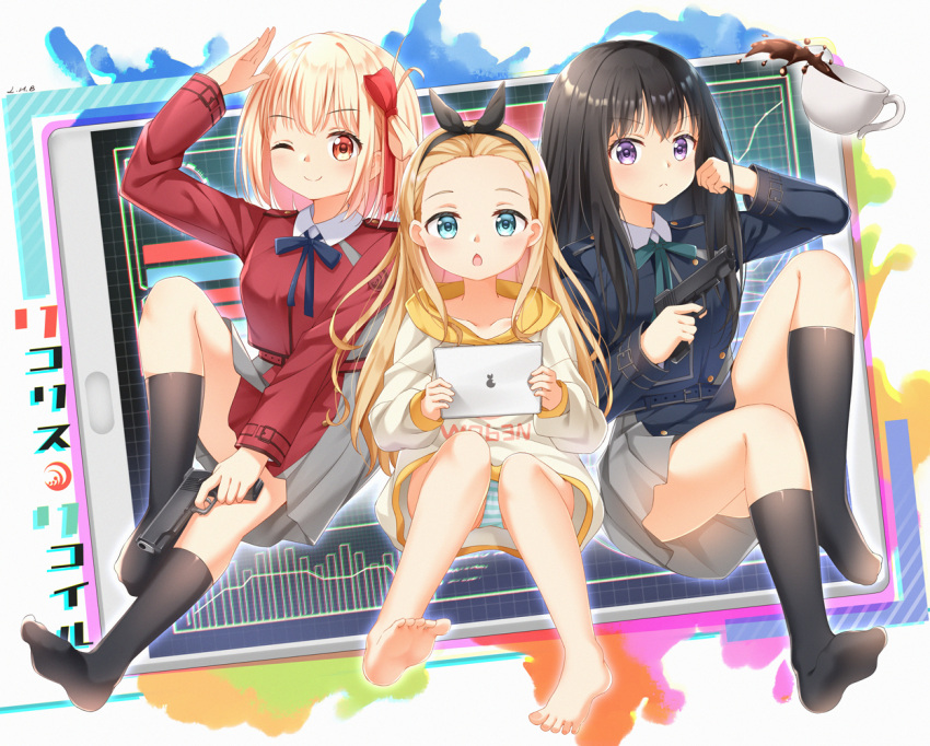 3girls barefoot black_hair black_ribbon blonde_hair blue_eyes blush chinese_commentary hair_ribbon hood hoodie inoue_takina kurumi_(lycoris_recoil) long_hair looking_at_viewer lycoris_recoil lycoris_uniform multiple_girls nishikigi_chisato open_mouth painter-lhb red_eyes red_ribbon ribbon short_hair