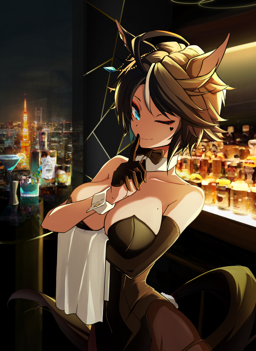 1girl absurdres ahoge animal_ears aqua_eyes arm_under_breasts bare_shoulders black_bow black_bowtie black_gloves black_hair black_leotard blurry blurry_background bow bowtie breast_hold breasts brown_pantyhose chinese_commentary city cleavage closed_mouth collarbone cowboy_shot detached_collar dot_nose facial_mark finger_to_mouth fuji_kiseki_(umamusume) gloves half_gloves heart highleg highleg_leotard highres horse_ears horse_girl horse_tail index_finger_raised indoors japan jewelry leotard looking_at_viewer medium_breasts mole mole_on_breast night pantyhose playboy_bunny smile solo strapless strapless_leotard tail towel umamusume user_xktd5287 v-shaped_eyebrows white_hair wrist_cuffs