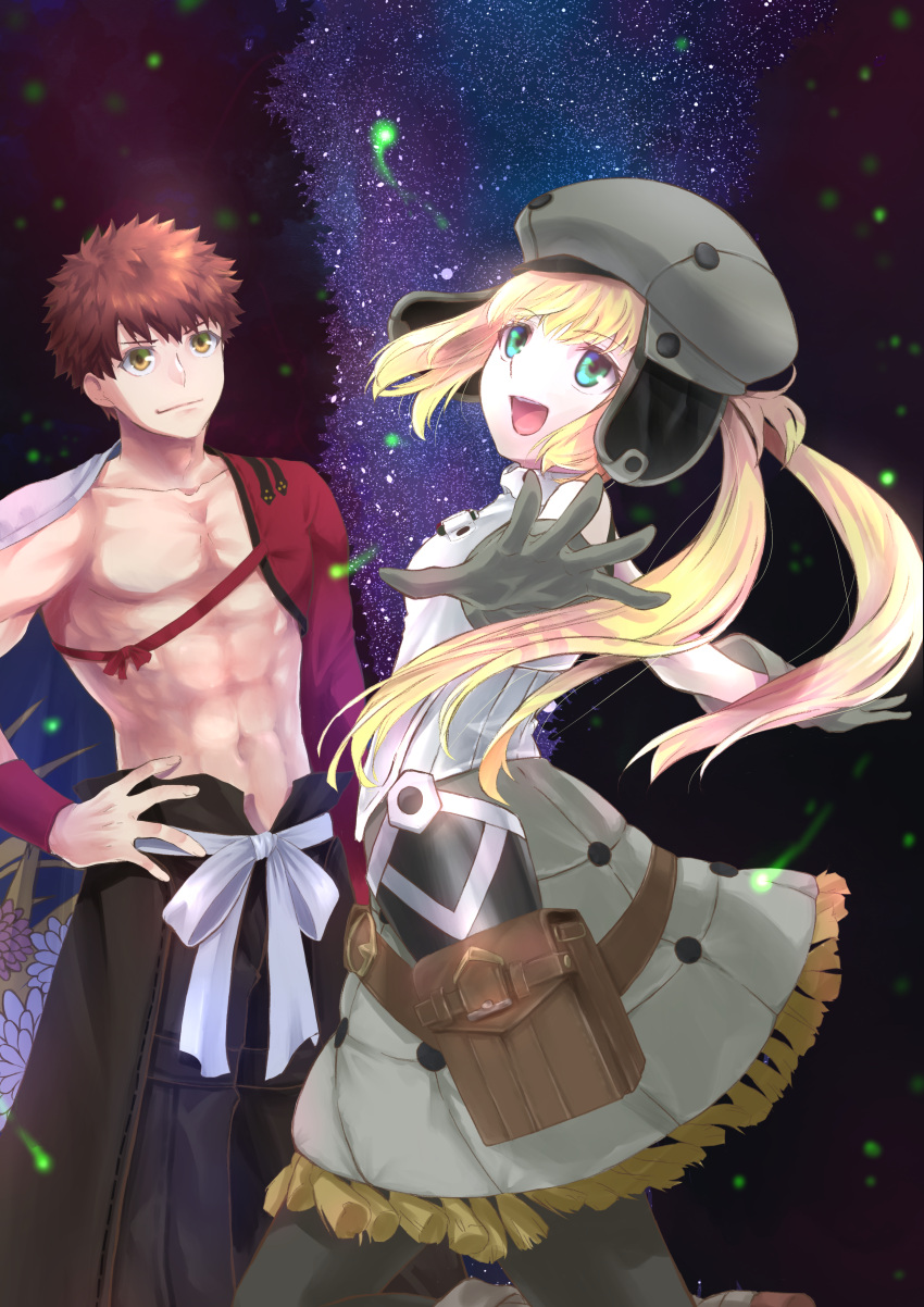 absurdres artoria_caster_(fate) artoria_caster_(first_ascension)_(fate) artoria_pendragon_(fate) belt belt_bag black_pants black_pantyhose blonde_hair boots breasts brown_belt buttons cape closed_mouth emiya_shirou fate/grand_order fate_(series) flower fur_hat gloves green_eyes grey_footwear grey_gloves grey_headwear hat highres long_fall_boots long_hair long_sleeves multicolored_cape multicolored_clothes night open_mouth orange_eyes orange_hair pants pantyhose pink_flower senji_muramasa_(fate) short_hair skirt small_breasts smile standing star_(sky) twintails user_ccpx7842 ushanka vest white_flower white_skirt white_vest