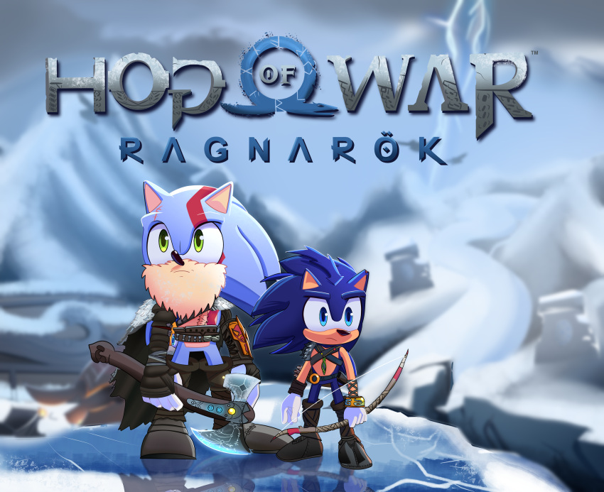 absurd_res age_difference arrow_(weapon) axe beard blue_body blue_eyes clothing deity duo eulipotyphlan facial_hair fan_character gloves god_of_war green_eyes handwear hedgehog hi_res ice light lighting male male/male mammal melee_weapon older_male ranged_weapon sega shield snow sonic_the_hedgehog sonic_the_hedgehog_(series) sony_corporation sony_interactive_entertainment spartan_(roman) video_games viking weapon younger_male