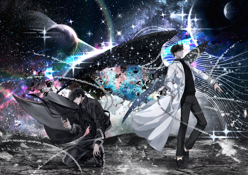 2boys black_hair black_jacket black_wings chain constellation dok-ja_kim glint highres horns jacket joonghyuk_yoo kneeling long_hair male_focus moon multicolored_background multiple_boys omniscient_reader's_viewpoint pants pillsaak scar scar_on_hand short_hair smile white_jacket wings