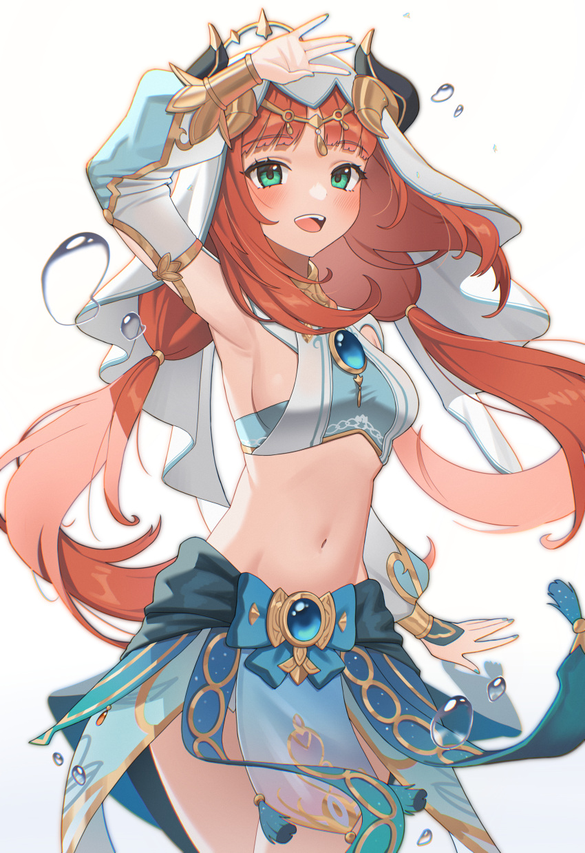 1girl :d absurdres aqua_eyes arm_up breasts brooch cowboy_shot crop_top genshin_impact highres horns jewelry long_hair looking_at_viewer medium_breasts navel neck_ring neil_(neil_nim) nilou_(genshin_impact) pelvic_curtain red_hair sideboob simple_background skirt smile solo stomach veil vision_(genshin_impact) white_background