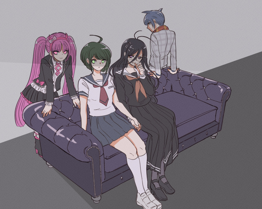 1boy 3girls ahoge bangs black_hair black_jacket black_skirt blue_hair breasts brown_hair couch danganronpa_(series) danganronpa_another_episode:_ultra_despair_girls fukawa_touko grey_jacket hair_horns hair_ornament hairclip high_heels highres holding_hands jacket large_breasts long_hair long_skirt long_sleeves midori_(310ri_21) miniskirt multiple_girls naegi_komaru neckerchief open_clothes open_jacket pink_hair plaid plaid_jacket pleated_skirt red_neckerchief sailor_collar shingetsu_nagisa shiny shiny_hair shirt shoes short_hair sitting skirt socks utsugi_kotoko white_shirt white_socks