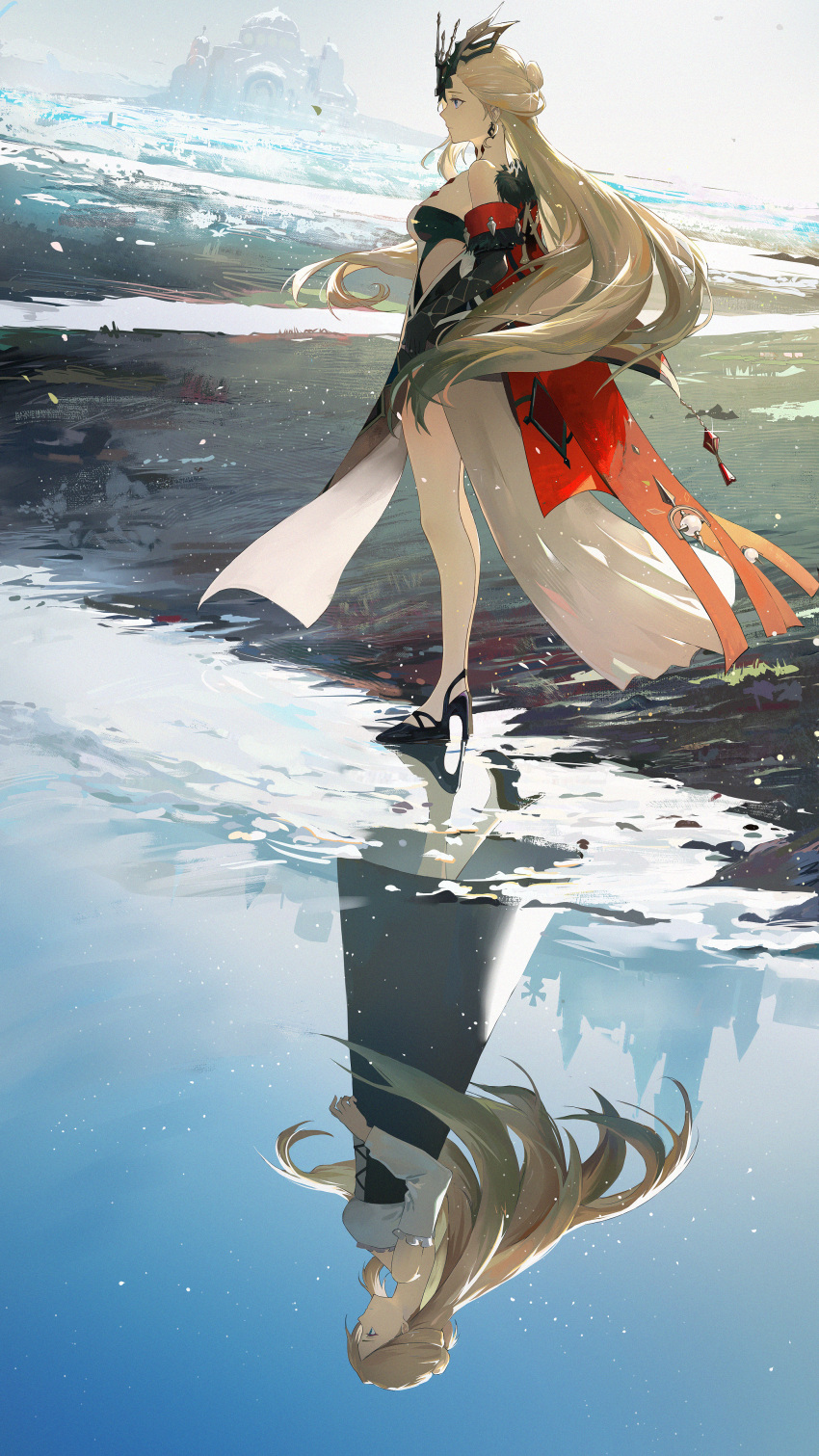 1girl absurdres bare_shoulders black_mask blonde_hair blue_eyes breasts cape castle dangle_earrings detached_sleeves dress earrings eye_mask genshin_impact half_mask high_heels highres jewelry large_breasts long_hair mask mask_over_one_eye one_eye_covered reflection signora_(genshin_impact) snow solo standing water windmill zzz_zhi_he