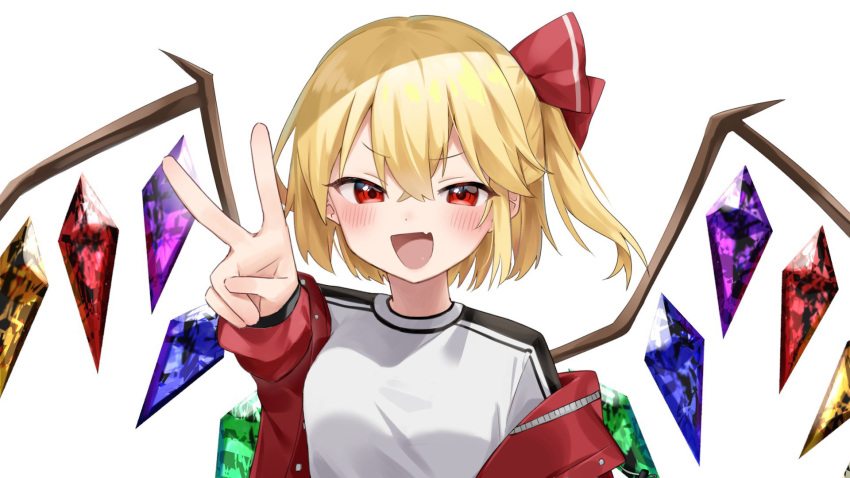 1girl alternate_costume blonde_hair blush crystal fang flandre_scarlet hair_between_eyes highres jacket masho_makamaka no_headwear one_side_up open_mouth red_eyes solo touhou upper_body white_background wings