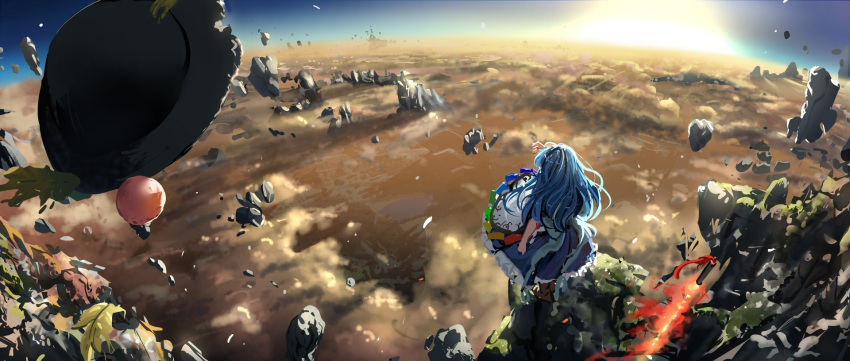 1girl above_clouds apron black_headwear blue_hair blue_skirt cliff cloud cloudy_sky commentary_request dawn floating_rock food from_behind fruit hat hat_loss hat_removed headwear_removed highres hinanawi_tenshi long_hair outdoors peach planted planted_sword scenery short_sleeves skirt sky solo sun suna_(s73d) sword sword_of_hisou touhou weapon white_apron wide_shot