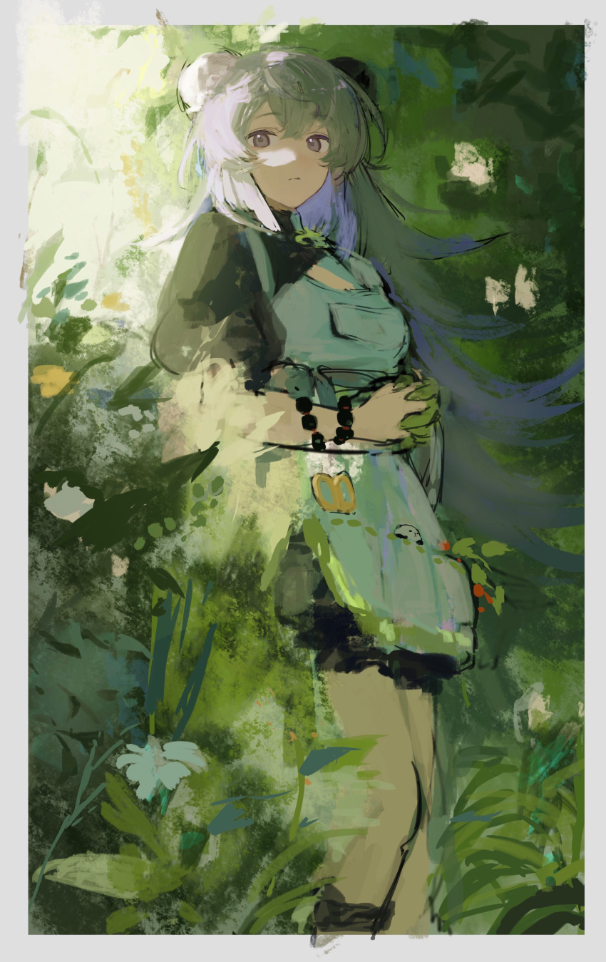 1girl absurdres apron arknights bead_bracelet beads black_shirt border bracelet bun_cover double_bun feet_out_of_frame flower grass grey_hair hair_bun highres jewelry koba_(jdhikdjdkfiwufh) long_hair looking_at_viewer mulberry_(arknights) mulberry_(plant_crude_drug)_(arknights) official_alternate_costume outdoors plant purple_eyes shirt sketch solo white_apron white_border white_flower