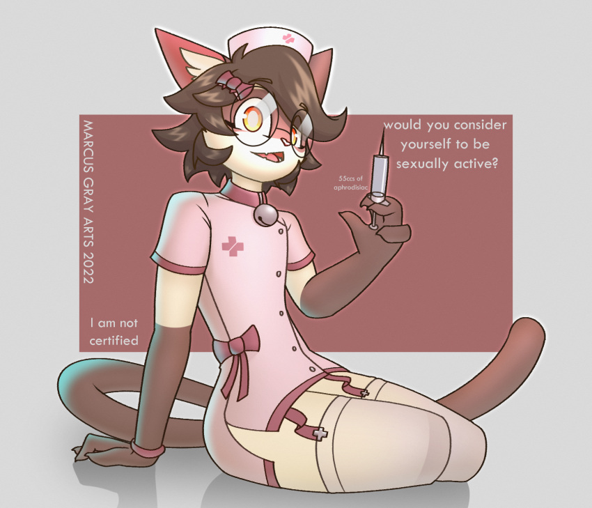 anthro aphrodisiac bracelet brown_body brown_fur brown_hair clothing domestic_cat english_text felid feline felis fio_(marcus_gray) fur grey_background hair hi_res holding_syringe jewelry looking_aside male mammal marcus_gray nurse_clothing siamese simple_background solo syringe tan_body text wristband