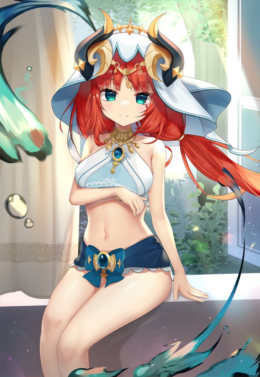 1girl absurdres adapted_costume arm_under_breasts bangs bare_arms bare_shoulders blue_bow bow breasts closed_mouth commentary_request crop_top day feet_out_of_frame floating_hair genshin_impact green_eyes harem_outfit highres horns long_hair looking_at_viewer medium_breasts microskirt n3moni navel nilou_(genshin_impact) no_detached_sleeves outdoors parted_bangs red_hair sitting skirt smile solo stomach thighs twintails veil vision_(genshin_impact) water water_drop