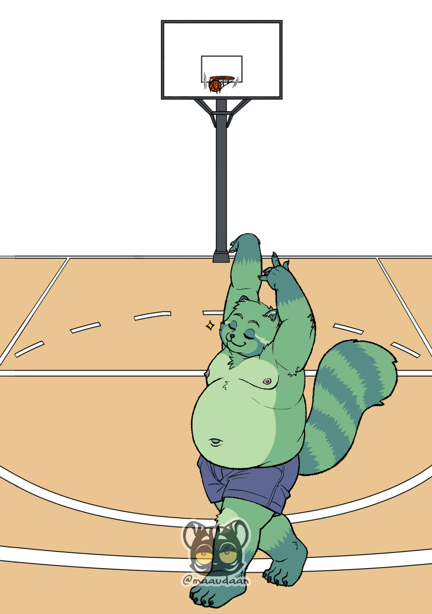 4_toes 5_fingers absurd_res anthro ball basketball basketball_(ball) basketball_court basketball_hoop basketball_net bottomwear claws clothing digital_media_(artwork) eyes_closed feet fingers fred_(fredrick_brennan) fur green_body green_fur hi_res maaudaan_tg male mammal mouth_closed navel nipples overweight overweight_anthro overweight_male procyonid raccoon shorts simple_background solo sport standing throwing toe_claws toes white_background