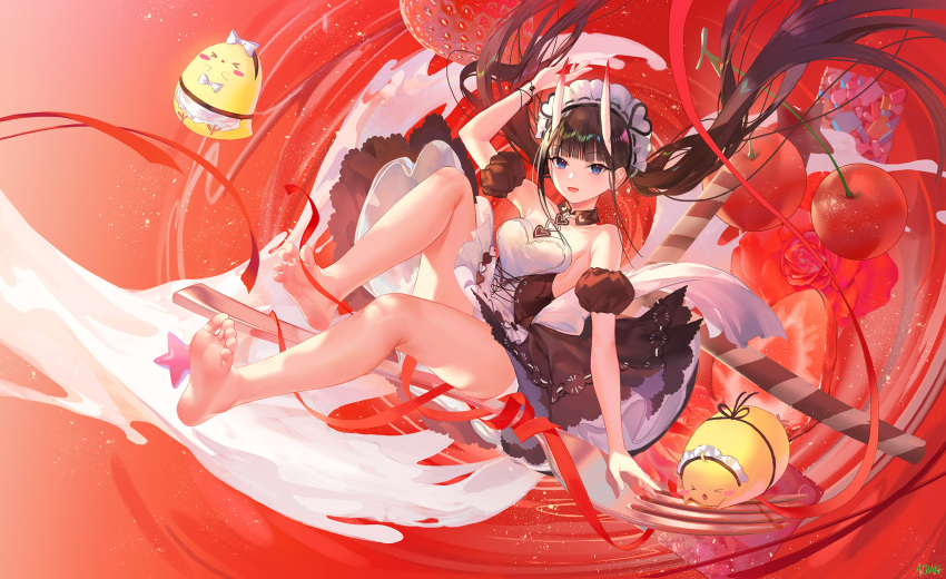 1girl apron atdan azur_lane bangs bare_legs bare_shoulders barefoot black_dress blue_eyes blunt_bangs breasts brown_hair cherry closed_mouth detached_collar detached_sleeves dress feet floating_hair food fruit full_body highres horns long_hair looking_at_viewer maid_headdress manjuu_(azur_lane) medium_breasts noshiro_(azur_lane) noshiro_(hold_the_ice)_(azur_lane) official_alternate_costume oni_horns puffy_short_sleeves puffy_sleeves red_ribbon revision ribbon short_sleeves sidelocks smile soles solo strawberry toes twintails very_long_hair white_apron